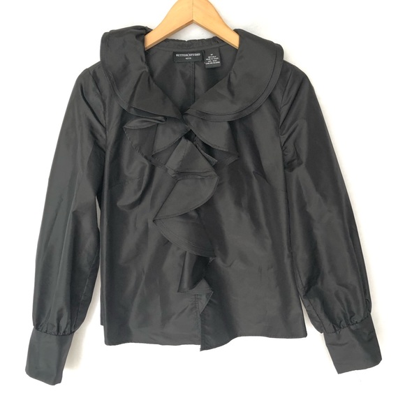 Sutton Studio Black Blouse Top Silk Ruffles SP - Picture 1 of 5